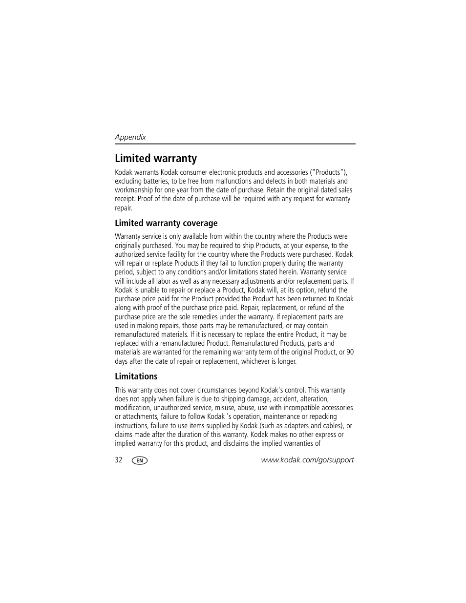 Limited warranty, Limited warranty coverage, Limitations | Kodak P820 User Manual | Page 38 / 45