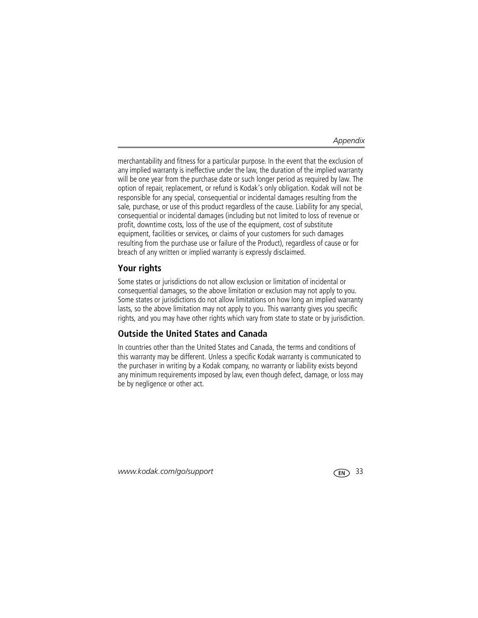 Your rights, Outside the united states and canada | Kodak P820 User Manual | Page 39 / 45