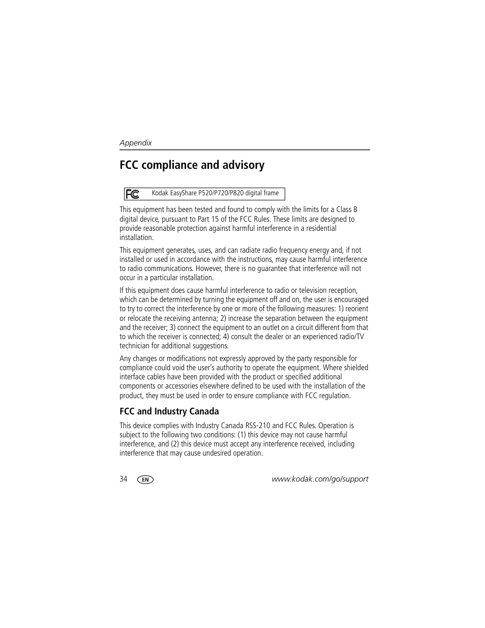 Fcc compliance and advisory, Fcc and industry canada | Kodak P820 User Manual | Page 40 / 45