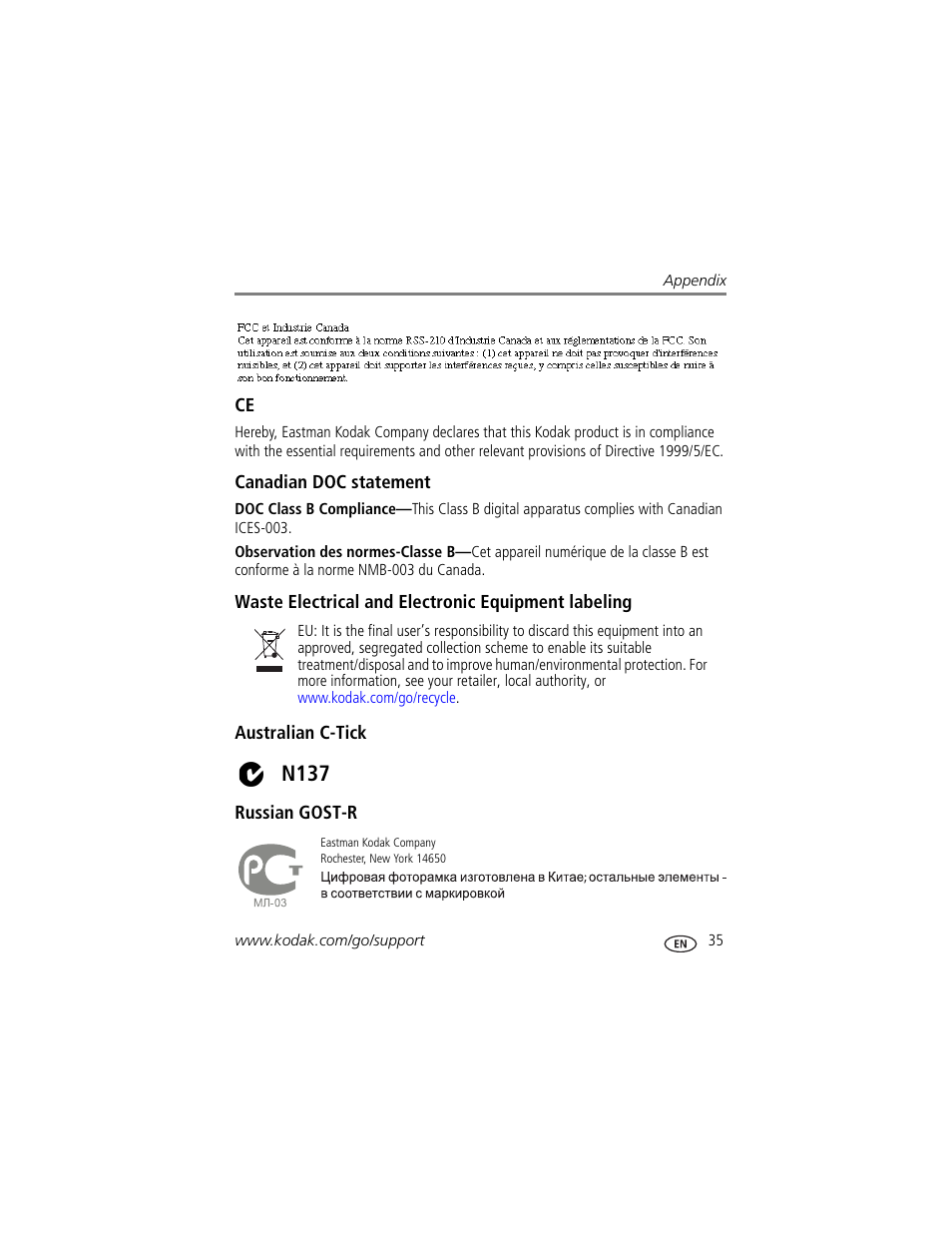 Canadian doc statement, Waste electrical and electronic equipment labeling, Australian c-tick | Russian gost-r, N137 | Kodak P820 User Manual | Page 41 / 45