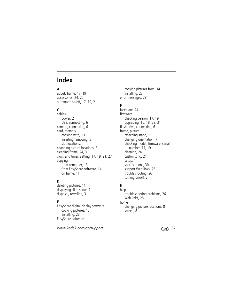 Index | Kodak P820 User Manual | Page 43 / 45