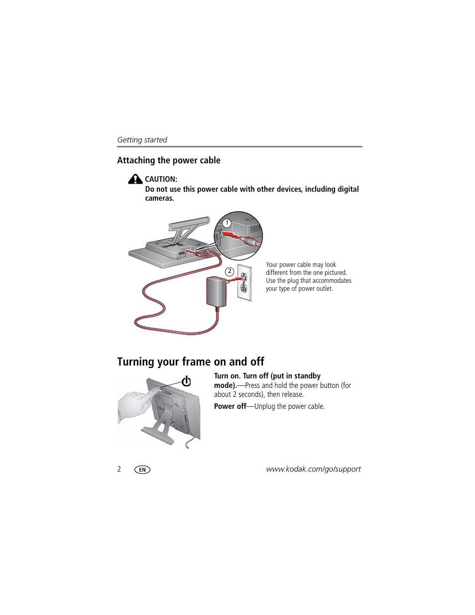 Attaching the power cable, Turning your frame on and off | Kodak P820 User Manual | Page 8 / 45