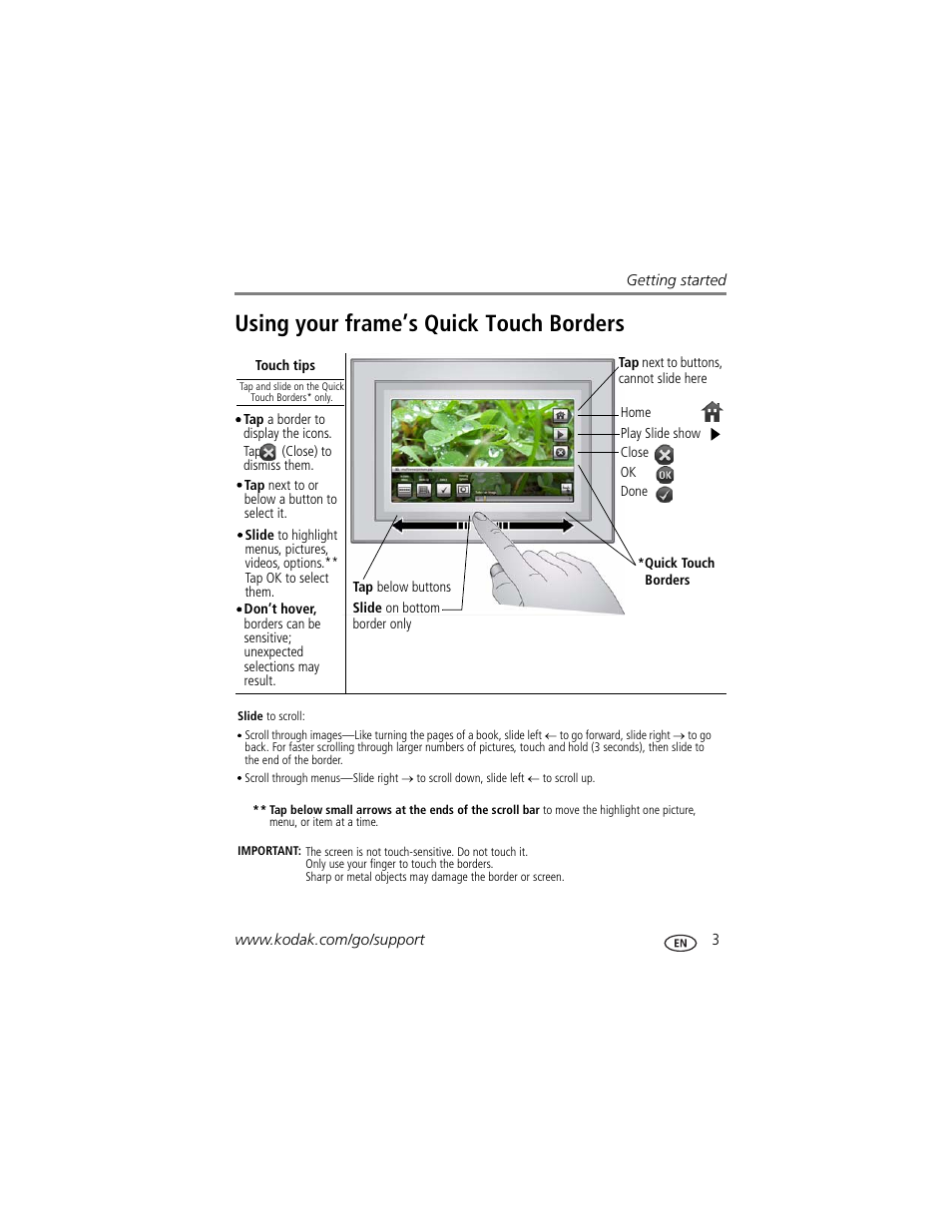 Using your frame’s quick touch borders | Kodak P820 User Manual | Page 9 / 45