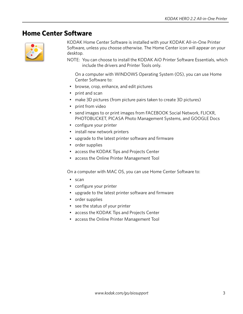 Home center software | Kodak 2.2 User Manual | Page 10 / 127