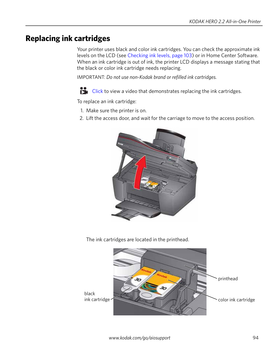 Replacing ink cartridges | Kodak 2.2 User Manual | Page 101 / 127