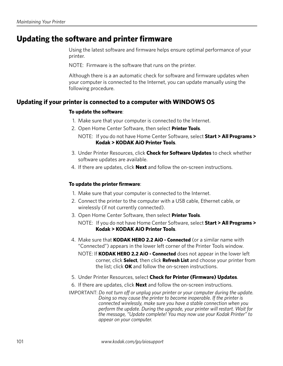 Updating the software and printer firmware | Kodak 2.2 User Manual | Page 108 / 127