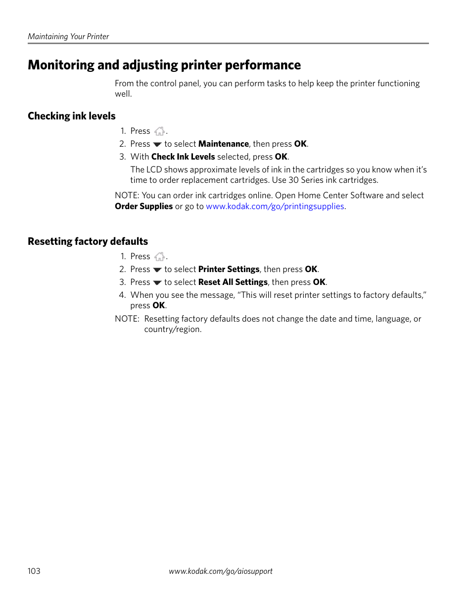 Monitoring and adjusting printer performance, Checking ink levels, Resetting factory defaults | Checking ink levels resetting factory defaults, Resetting factory | Kodak 2.2 User Manual | Page 110 / 127