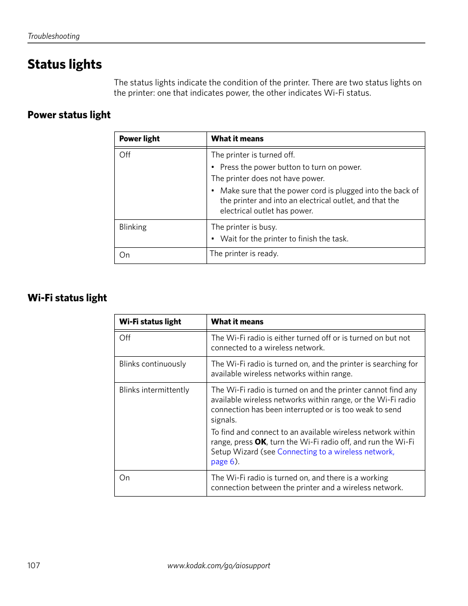 Status lights, Power status light, Wi-fi status light | Power status light wi-fi status light | Kodak 2.2 User Manual | Page 114 / 127