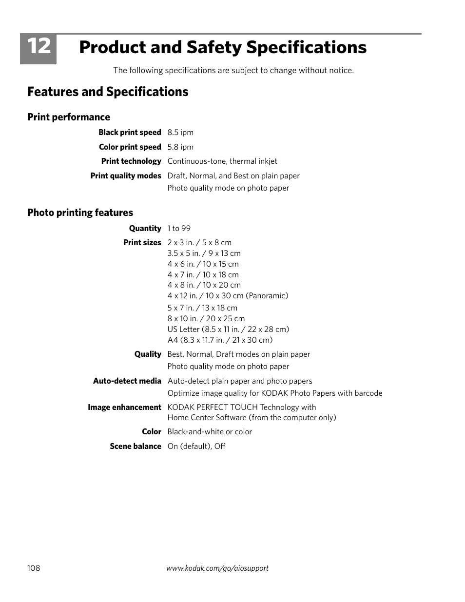 Product and safety specifications, Features and specifications, Print performance | Photo printing features, 12 product and safety specifications, Print performance photo printing features | Kodak 2.2 User Manual | Page 115 / 127