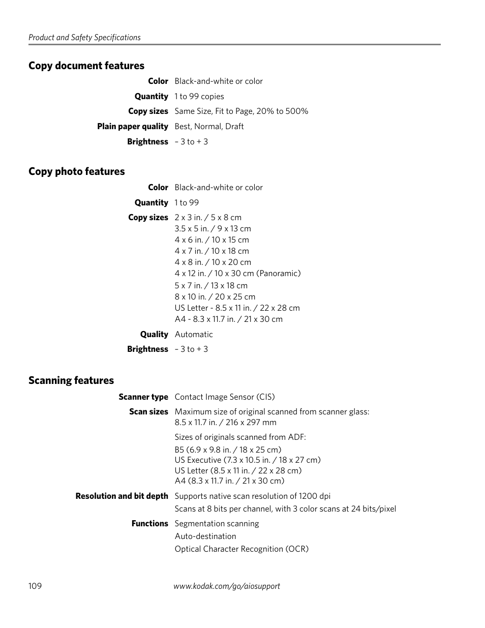 Copy document features, Copy photo features, Scanning features | Kodak 2.2 User Manual | Page 116 / 127