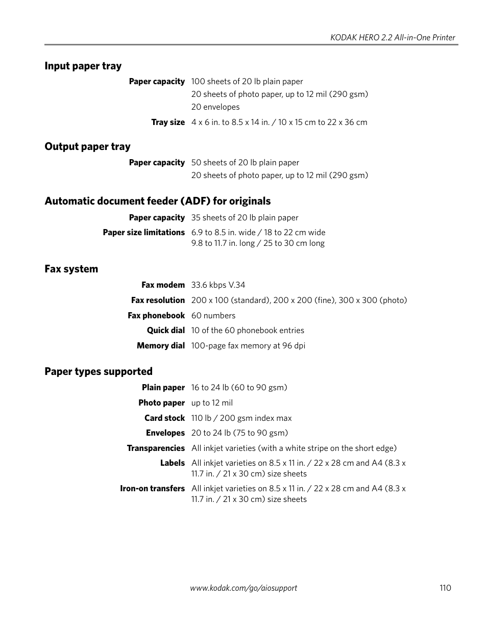 Input paper tray, Output paper tray, Automatic document feeder (adf) for originals | Fax system, Paper types supported | Kodak 2.2 User Manual | Page 117 / 127