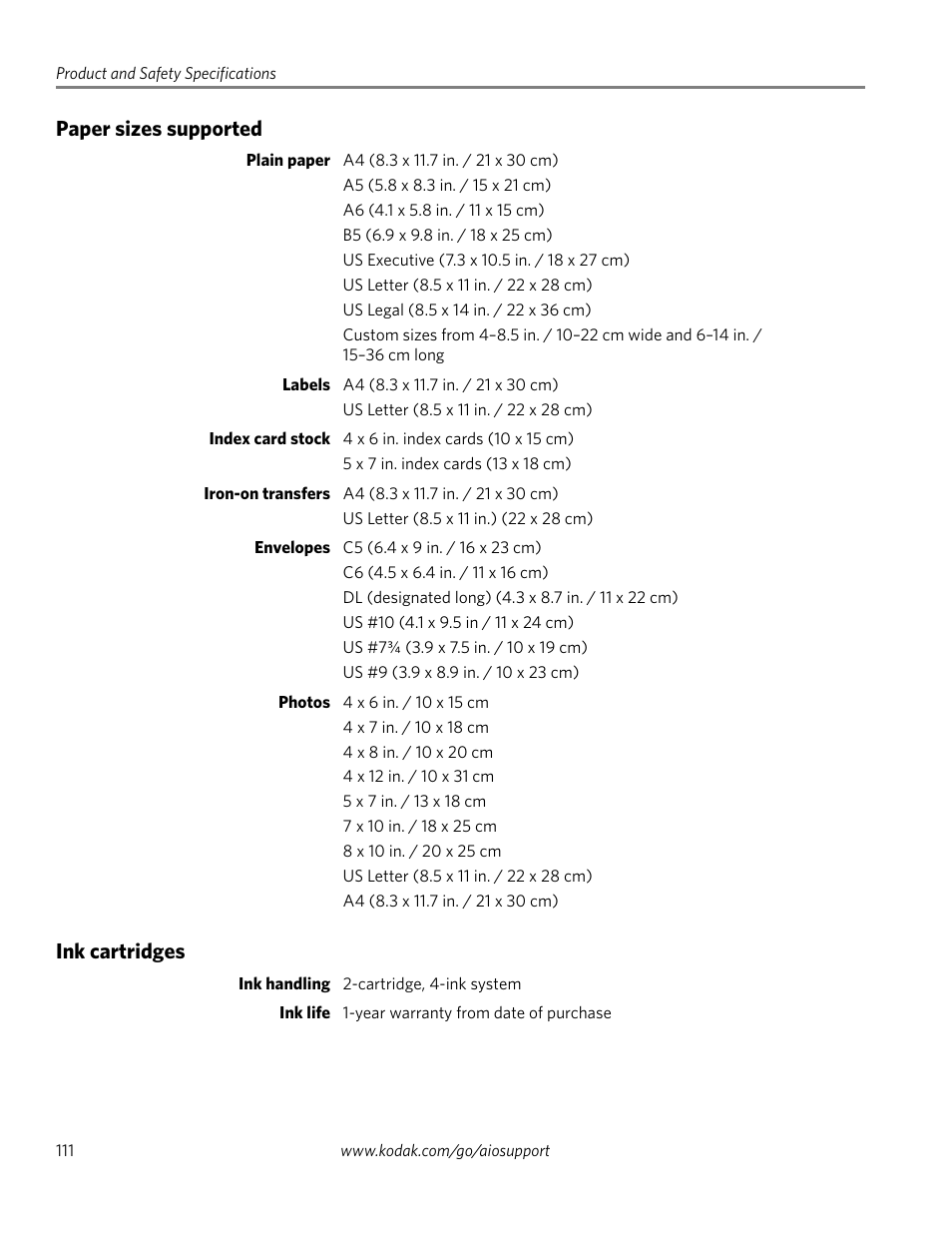 Paper sizes supported, Ink cartridges, Paper sizes supported ink cartridges | Kodak 2.2 User Manual | Page 118 / 127