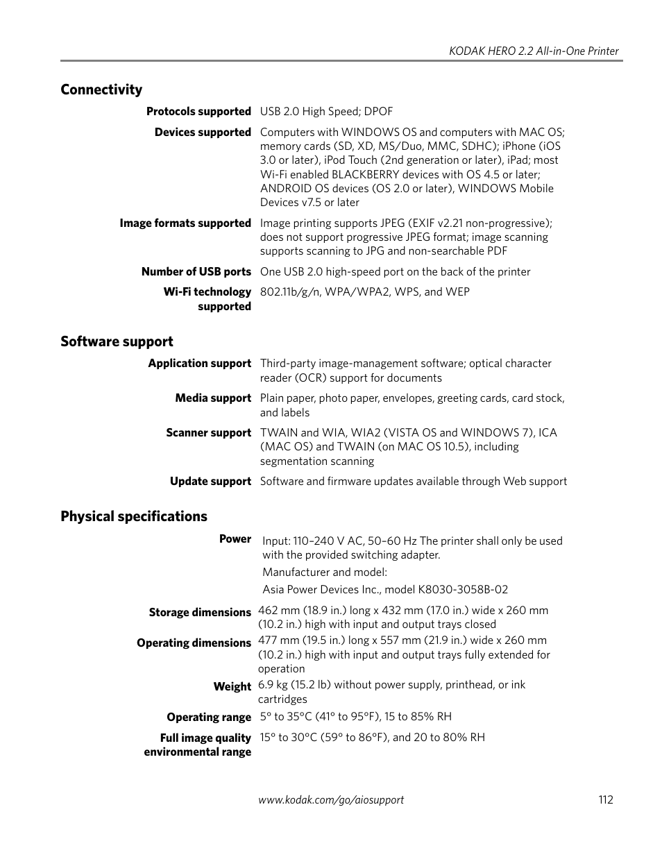 Connectivity, Software support, Physical specifications | Kodak 2.2 User Manual | Page 119 / 127