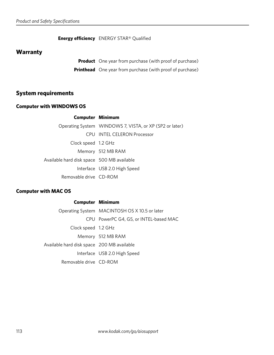 Warranty, System requirements, Computer with windows os | Computer with mac os, Warranty system requirements, Computer with windows os computer with mac os | Kodak 2.2 User Manual | Page 120 / 127