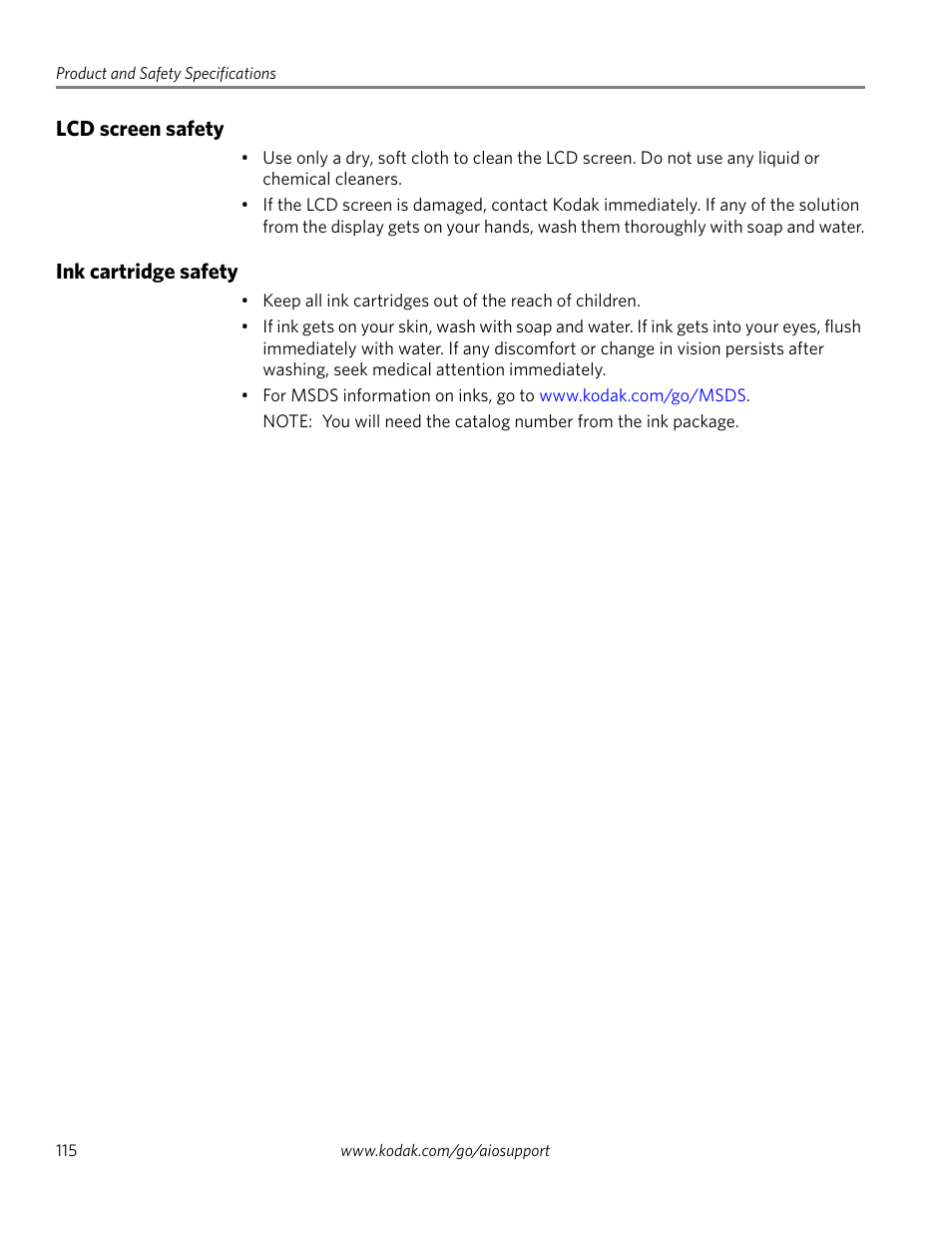 Lcd screen safety, Ink cartridge safety, Lcd screen safety ink cartridge safety | Kodak 2.2 User Manual | Page 122 / 127