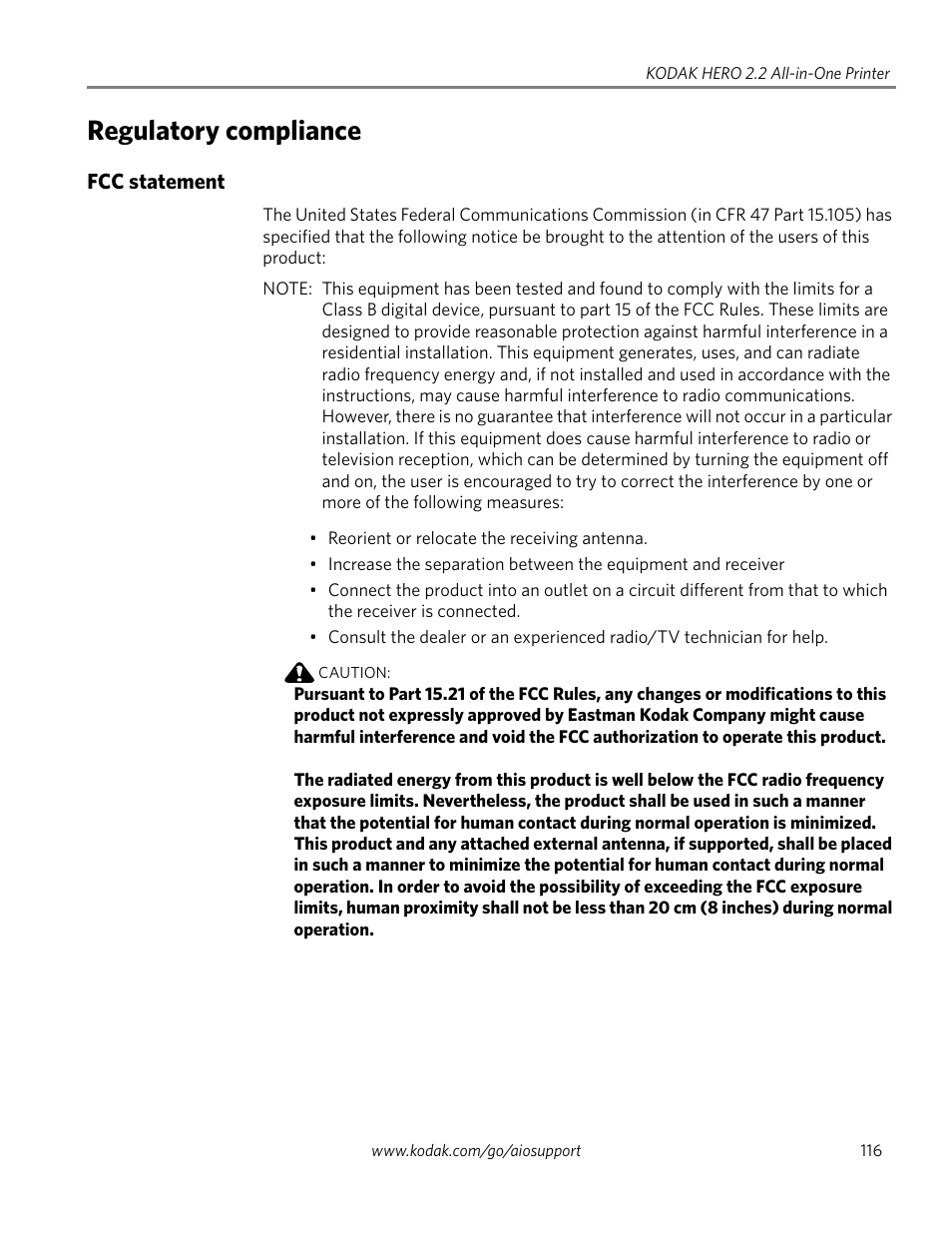 Regulatory compliance, Fcc statement | Kodak 2.2 User Manual | Page 123 / 127