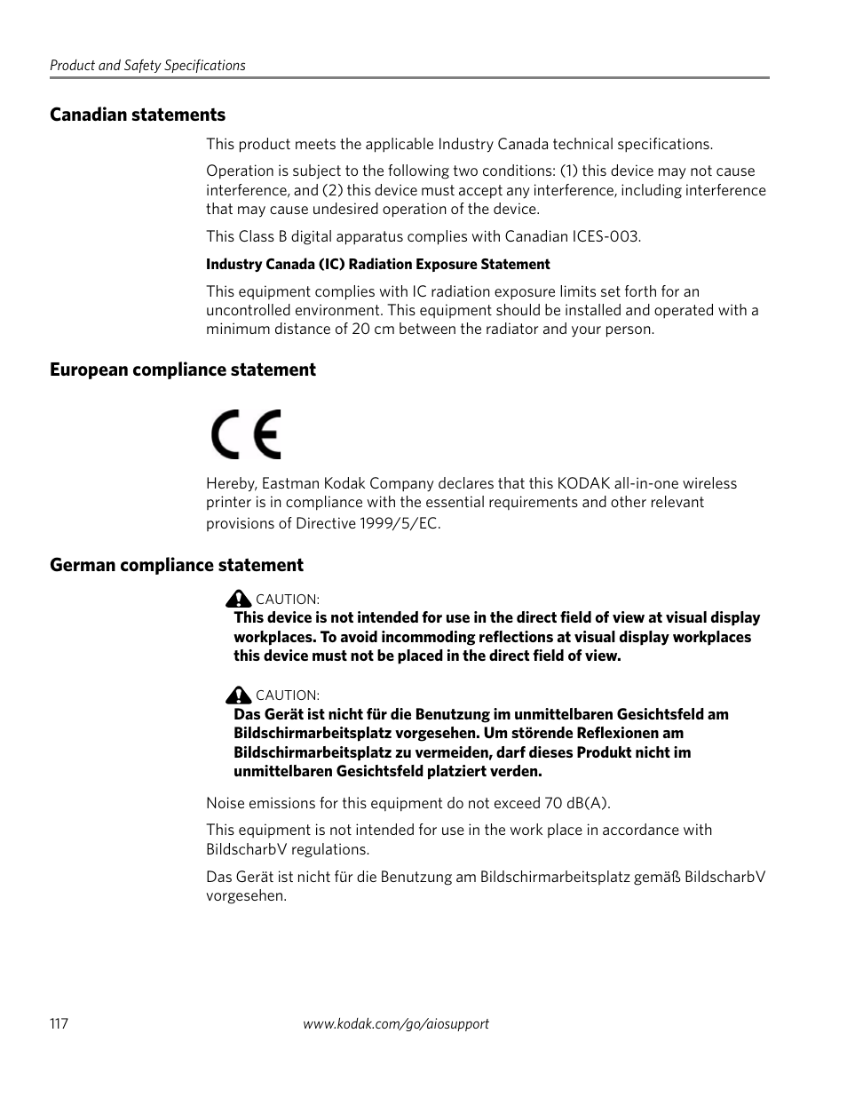 Canadian statements, European compliance statement, German compliance statement | Kodak 2.2 User Manual | Page 124 / 127