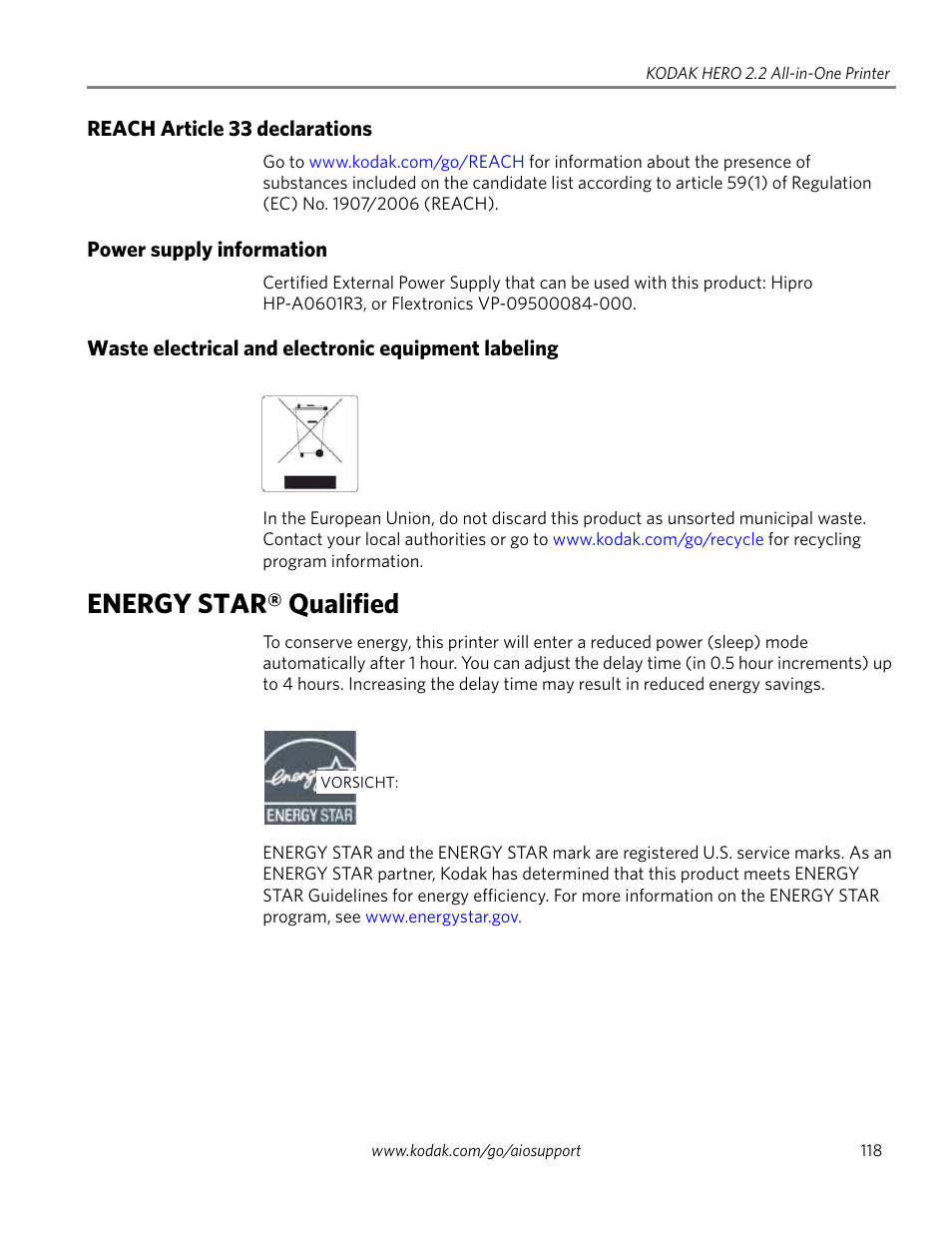 Reach article 33 declarations, Power supply information, Waste electrical and electronic equipment labeling | Energy star® qualified | Kodak 2.2 User Manual | Page 125 / 127