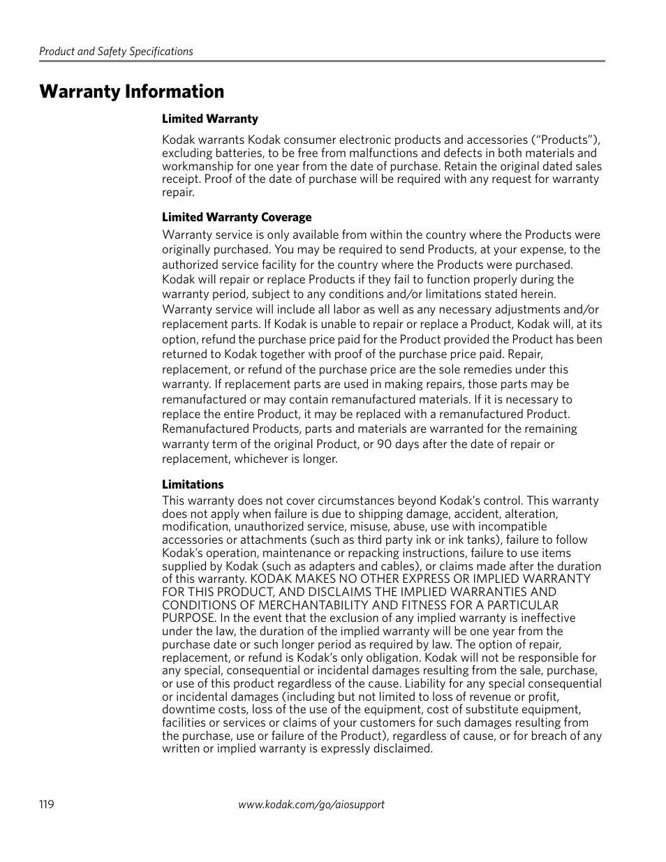 Warranty information | Kodak 2.2 User Manual | Page 126 / 127