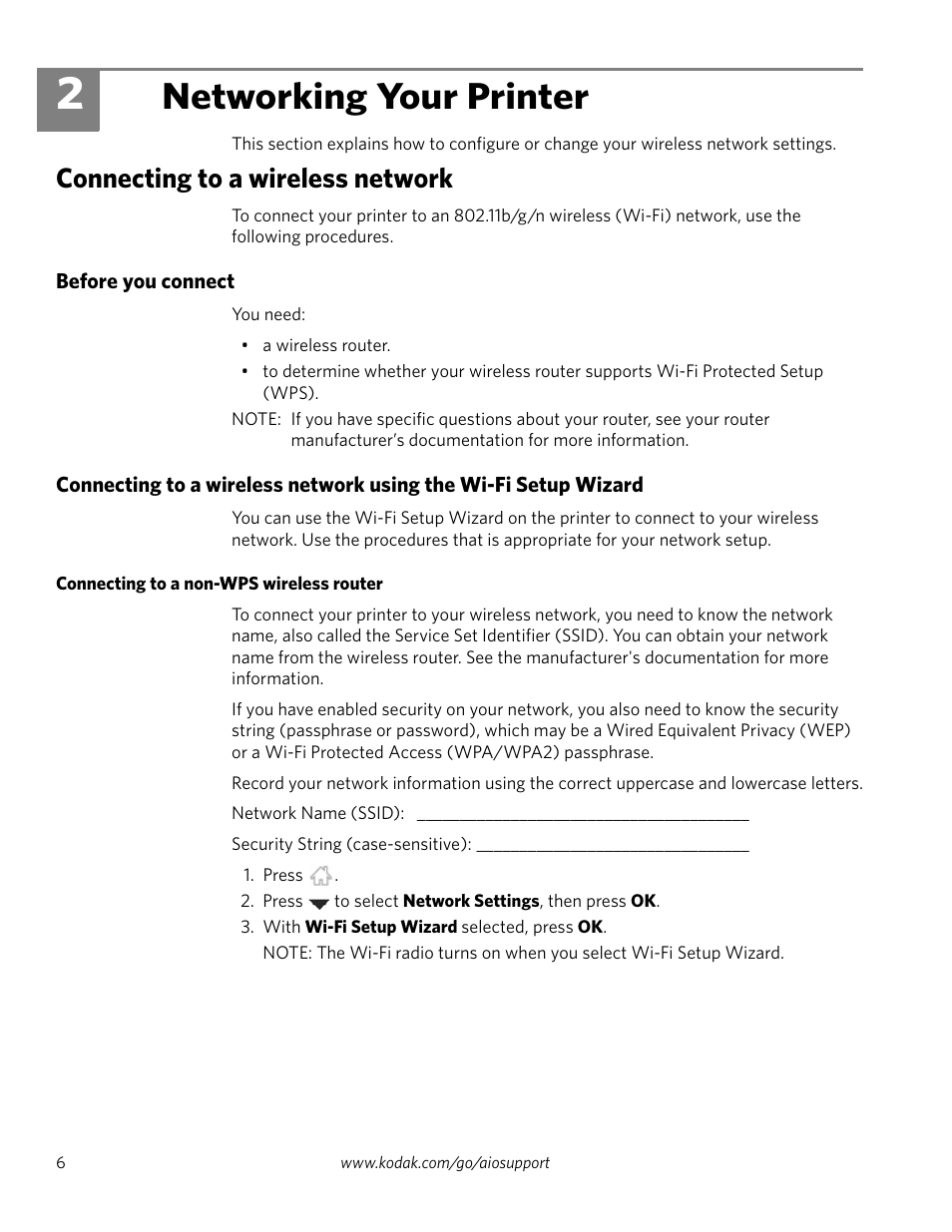 Networking your printer, Connecting to a wireless network, Before you connect | Connecting to a non-wps wireless router, 2 networking your printer | Kodak 2.2 User Manual | Page 13 / 127