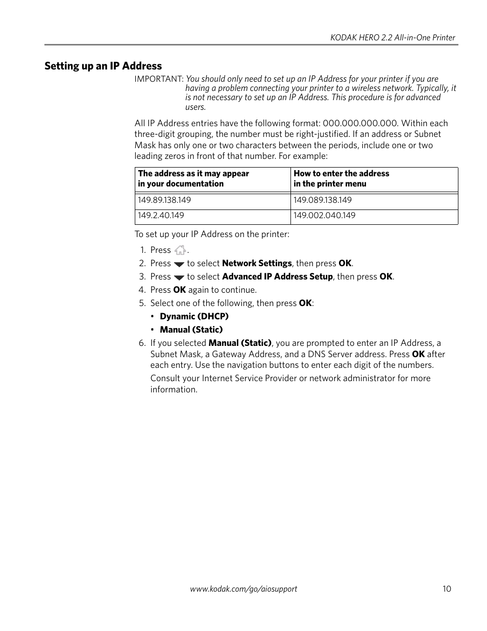 Setting up an ip address | Kodak 2.2 User Manual | Page 17 / 127