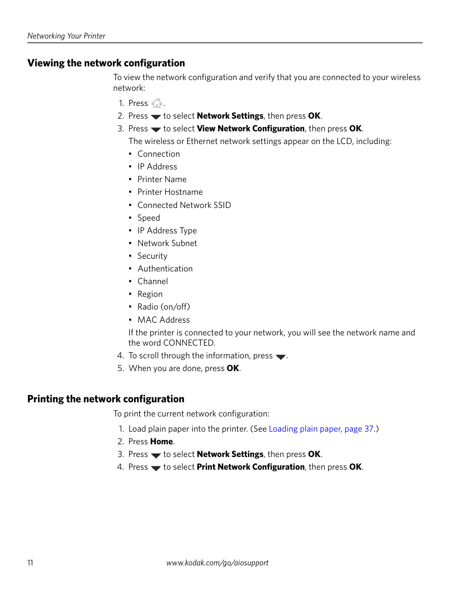 Viewing the network configuration, Printing the network configuration | Kodak 2.2 User Manual | Page 18 / 127