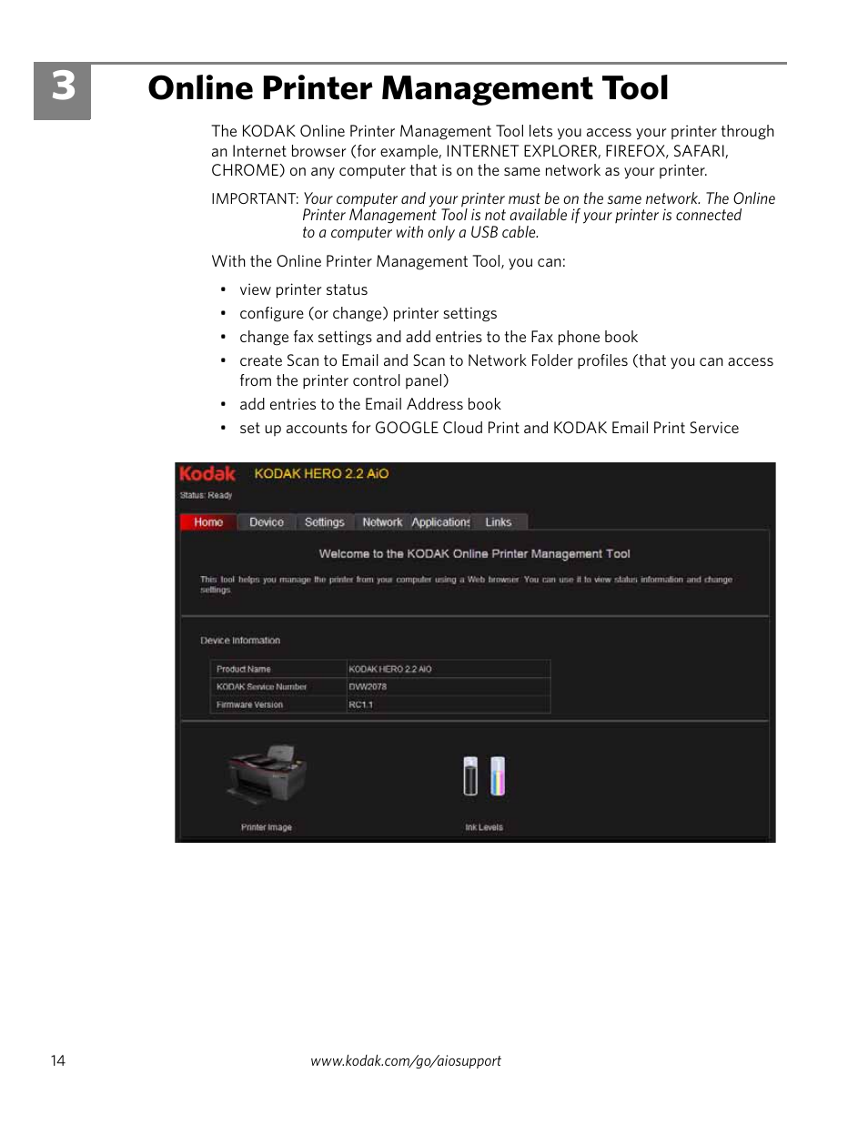 Online printer management tool, 3 online printer management tool | Kodak 2.2 User Manual | Page 21 / 127