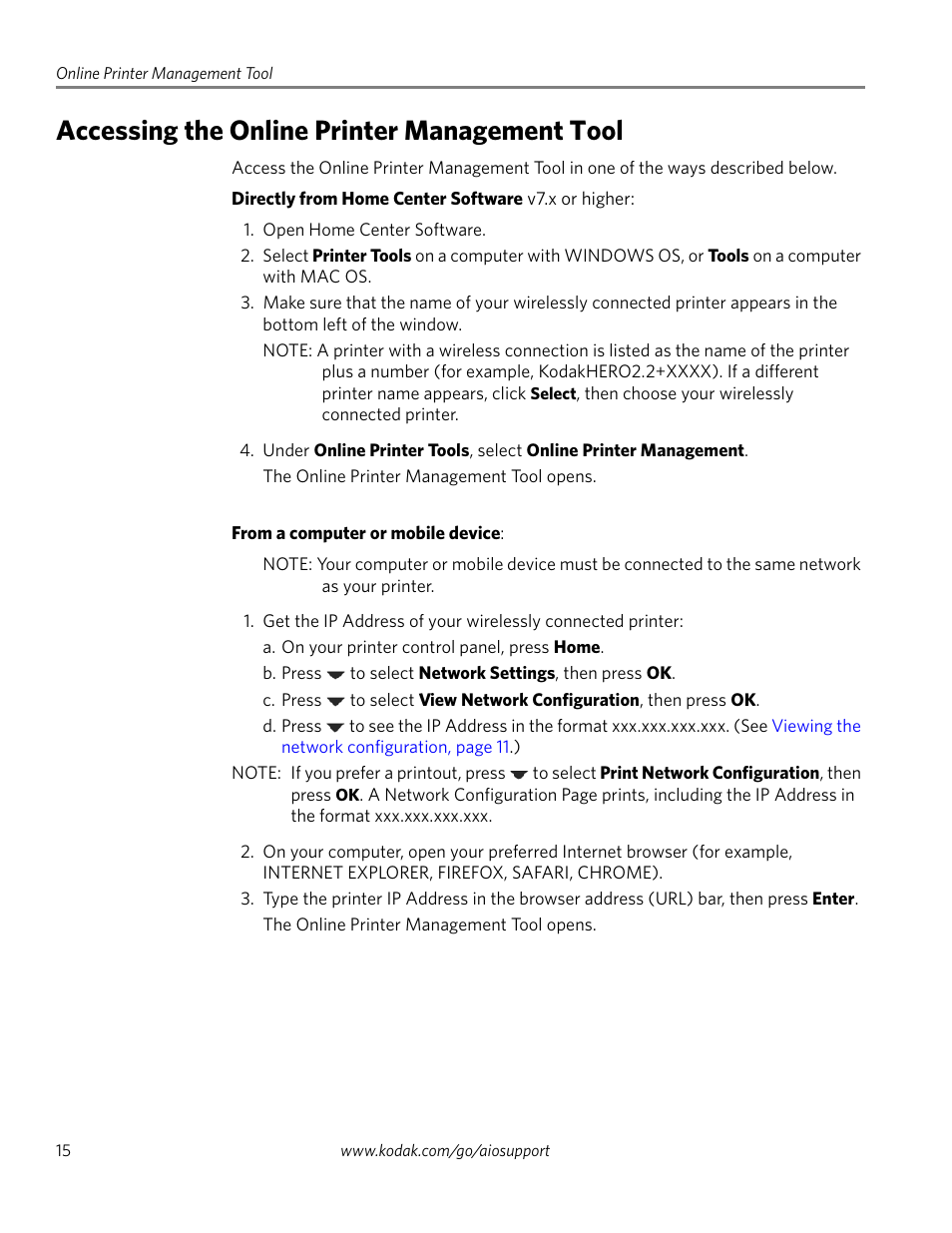 Accessing the online printer management tool | Kodak 2.2 User Manual | Page 22 / 127