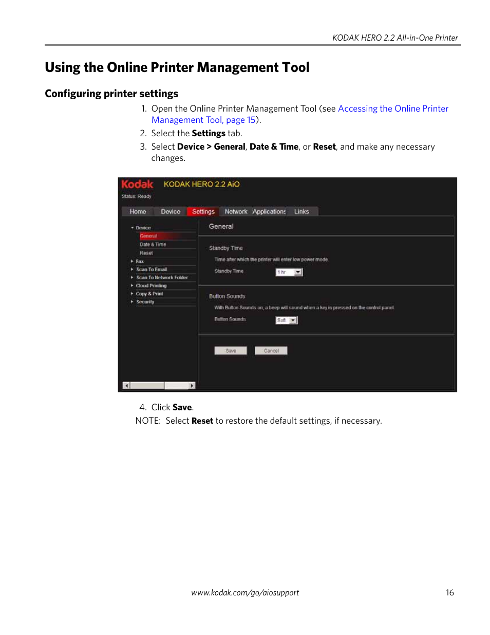 Using the online printer management tool, Configuring printer settings | Kodak 2.2 User Manual | Page 23 / 127