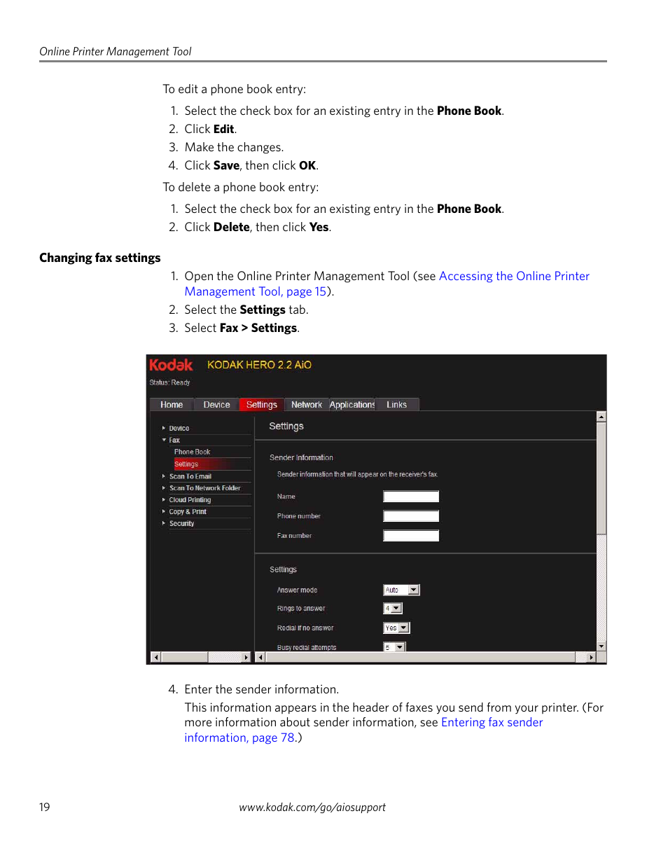 Changing fax settings | Kodak 2.2 User Manual | Page 26 / 127