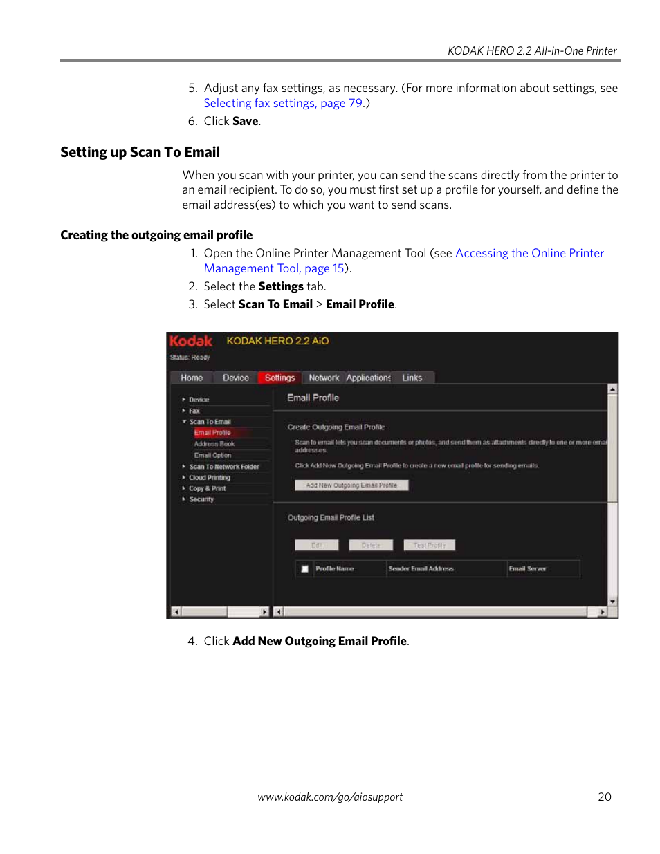 Setting up scan to email, Creating the outgoing email profile | Kodak 2.2 User Manual | Page 27 / 127