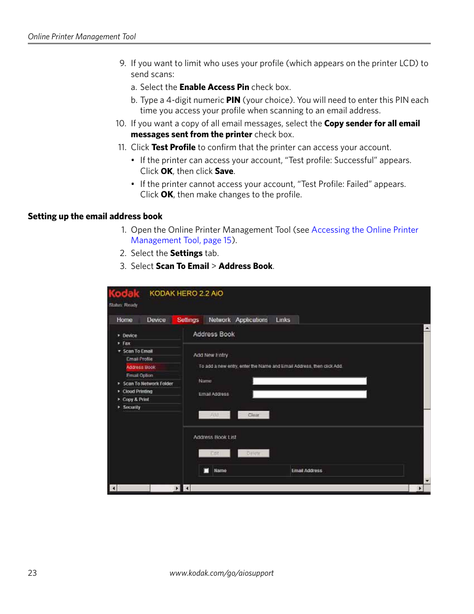 Setting up the email address book | Kodak 2.2 User Manual | Page 30 / 127