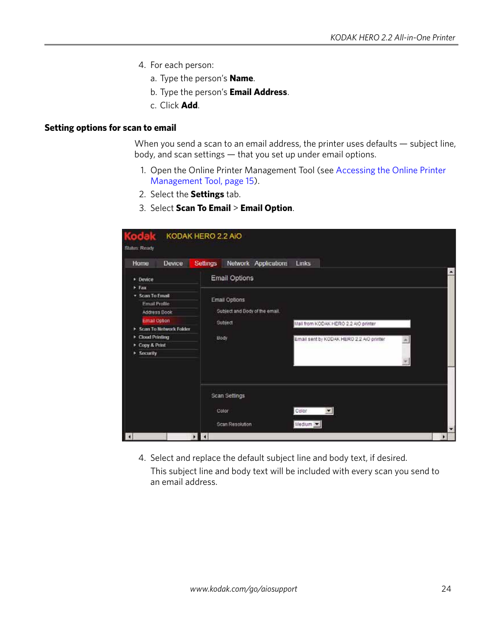 Setting options for scan to email | Kodak 2.2 User Manual | Page 31 / 127