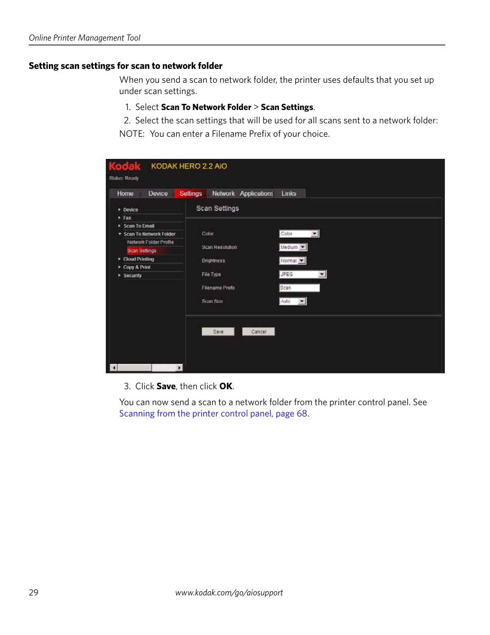 Setting scan settings for scan to network folder | Kodak 2.2 User Manual | Page 36 / 127