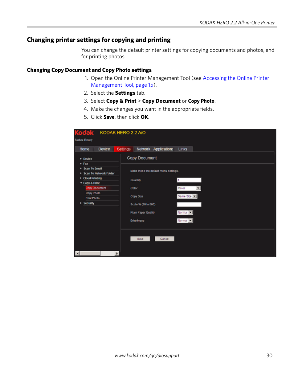 Changing printer settings for copying and printing, Changing copy document and copy photo settings | Kodak 2.2 User Manual | Page 37 / 127