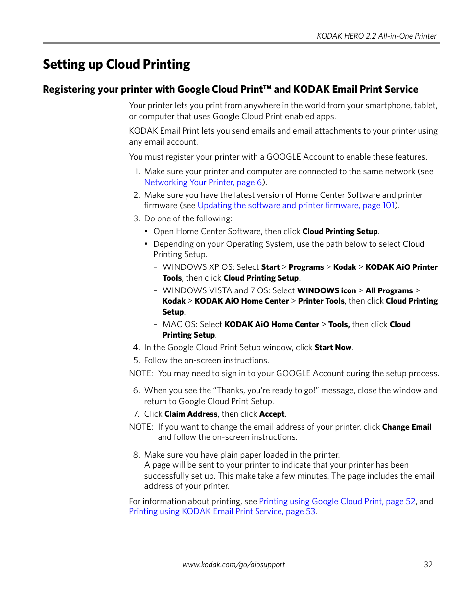 Setting up cloud printing | Kodak 2.2 User Manual | Page 39 / 127