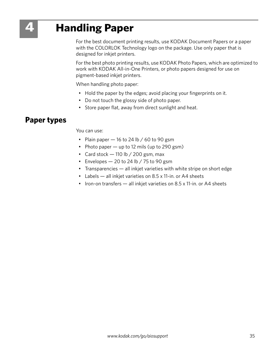 Handling paper, Paper types, 4 handling paper | Kodak 2.2 User Manual | Page 42 / 127