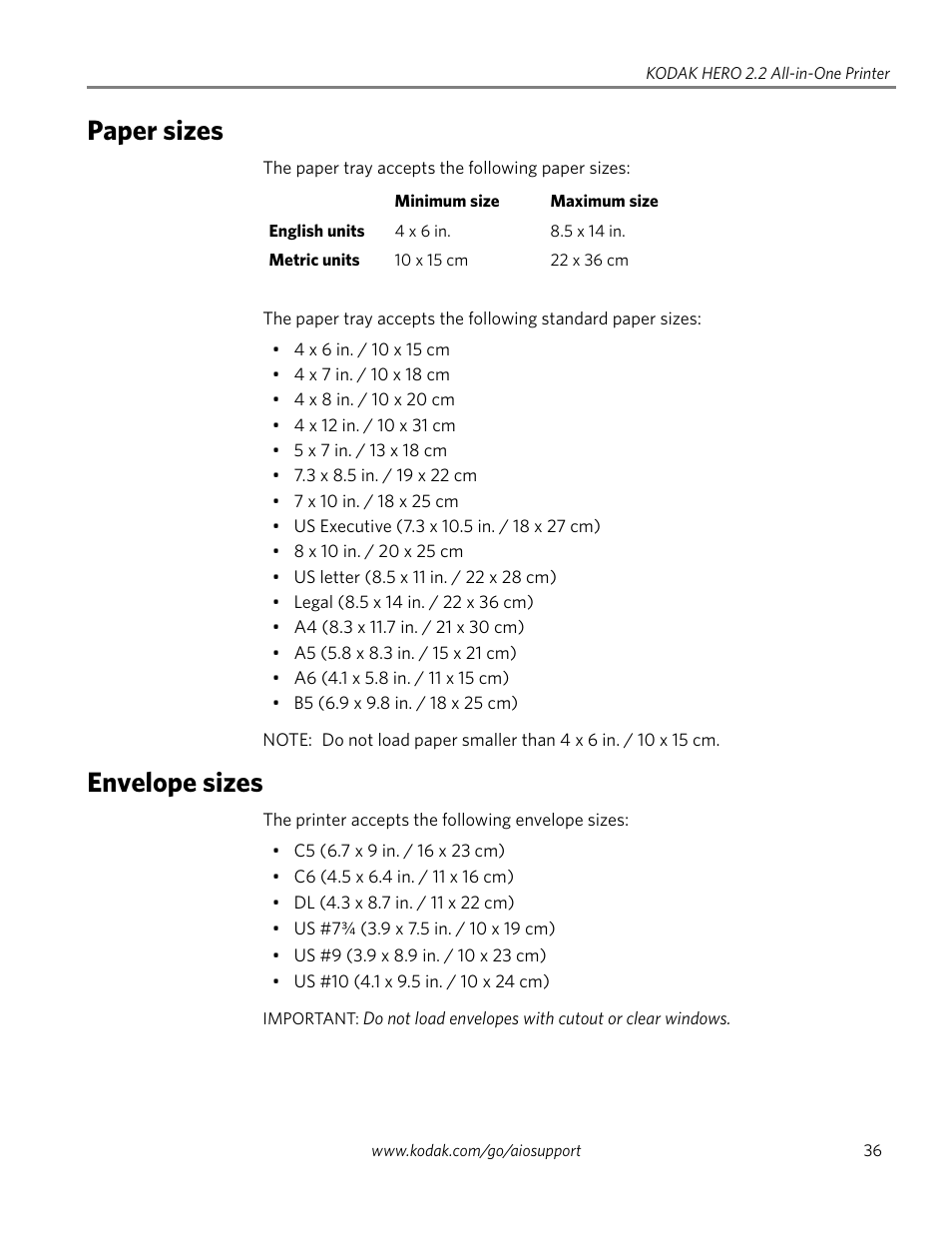 Paper sizes, Envelope sizes, Paper sizes envelope sizes | Kodak 2.2 User Manual | Page 43 / 127