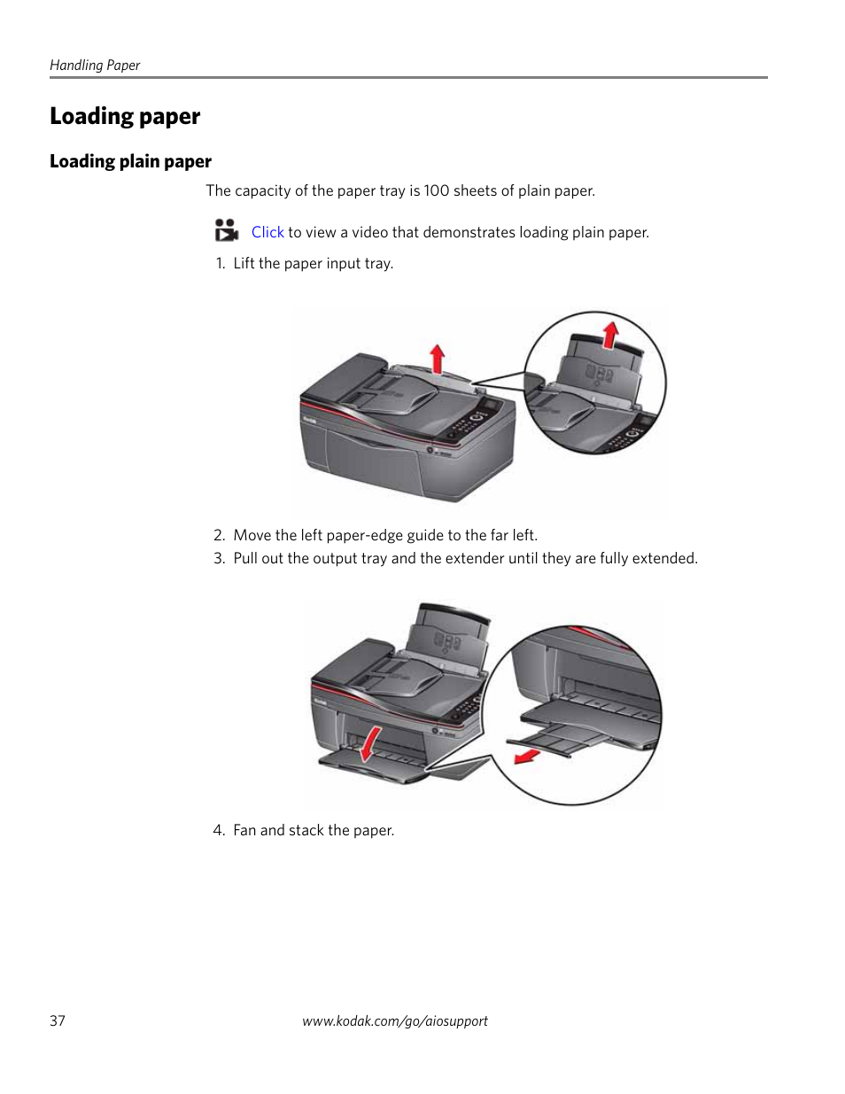 Loading paper, Loading plain paper | Kodak 2.2 User Manual | Page 44 / 127