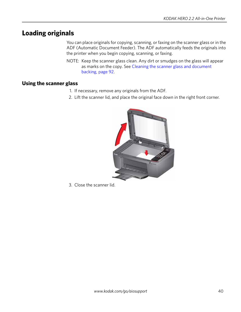 Loading originals, Using the scanner glass | Kodak 2.2 User Manual | Page 47 / 127