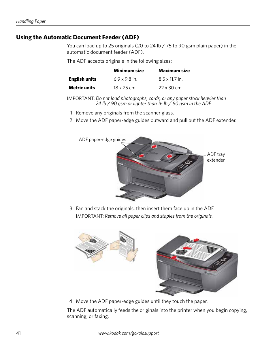 Using the automatic document feeder (adf) | Kodak 2.2 User Manual | Page 48 / 127