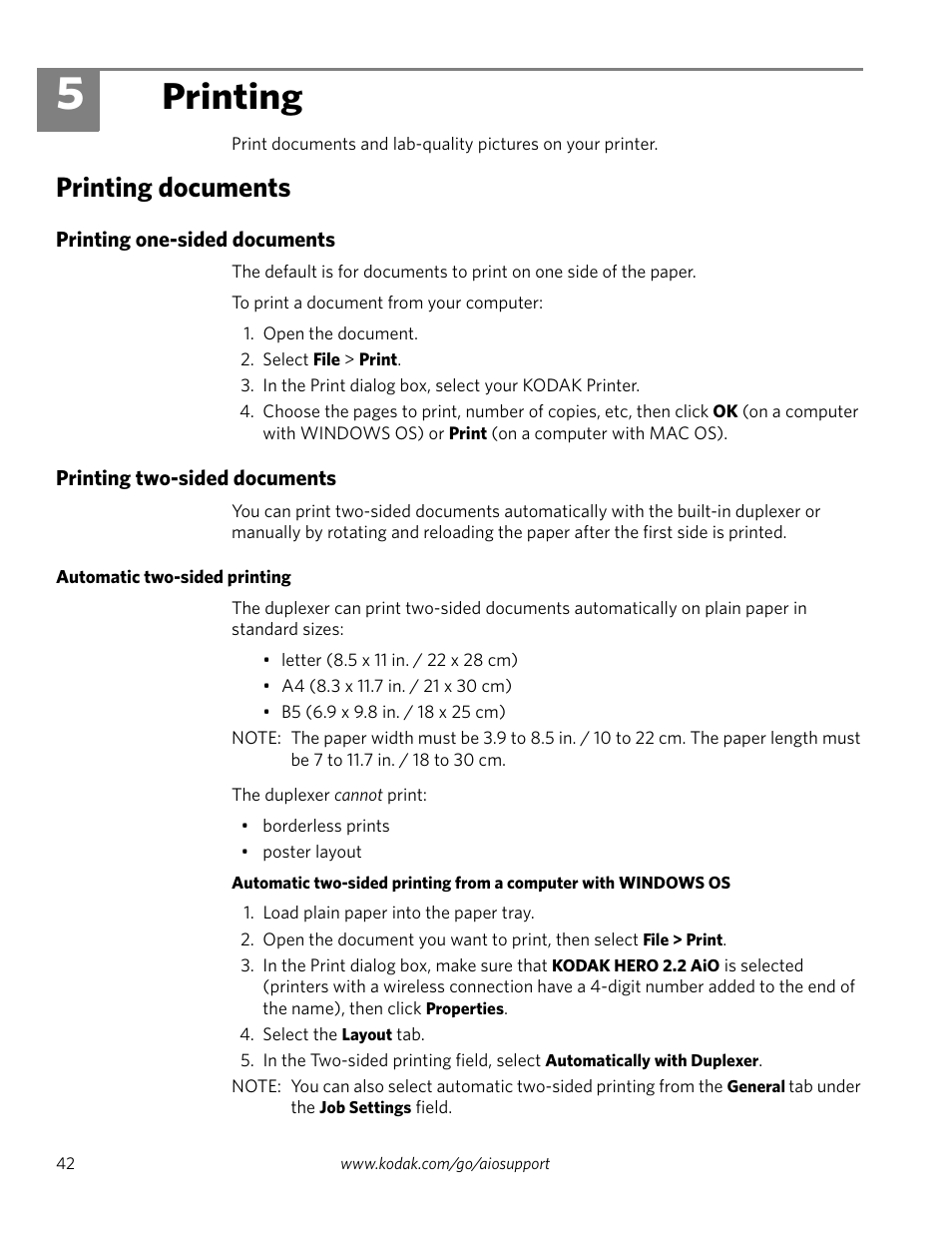 Printing, Printing documents, Printing one-sided documents | Printing two-sided documents, Automatic two-sided printing, 5 printing | Kodak 2.2 User Manual | Page 49 / 127