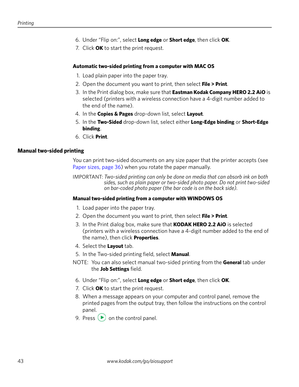 Manual two-sided printing | Kodak 2.2 User Manual | Page 50 / 127