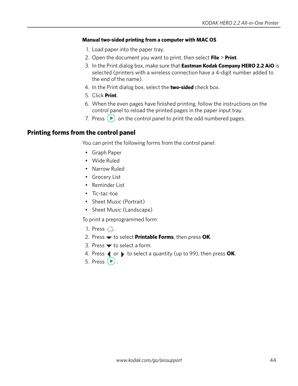 Printing forms from the control panel | Kodak 2.2 User Manual | Page 51 / 127