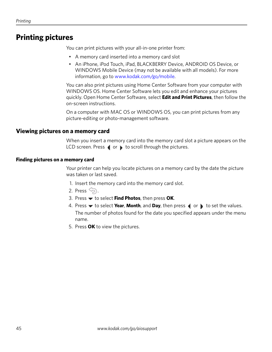 Printing pictures, Viewing pictures on a memory card, Finding pictures on a memory card | Kodak 2.2 User Manual | Page 52 / 127