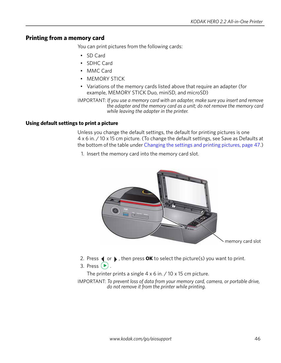 Printing from a memory card, Using default settings to print a picture | Kodak 2.2 User Manual | Page 53 / 127