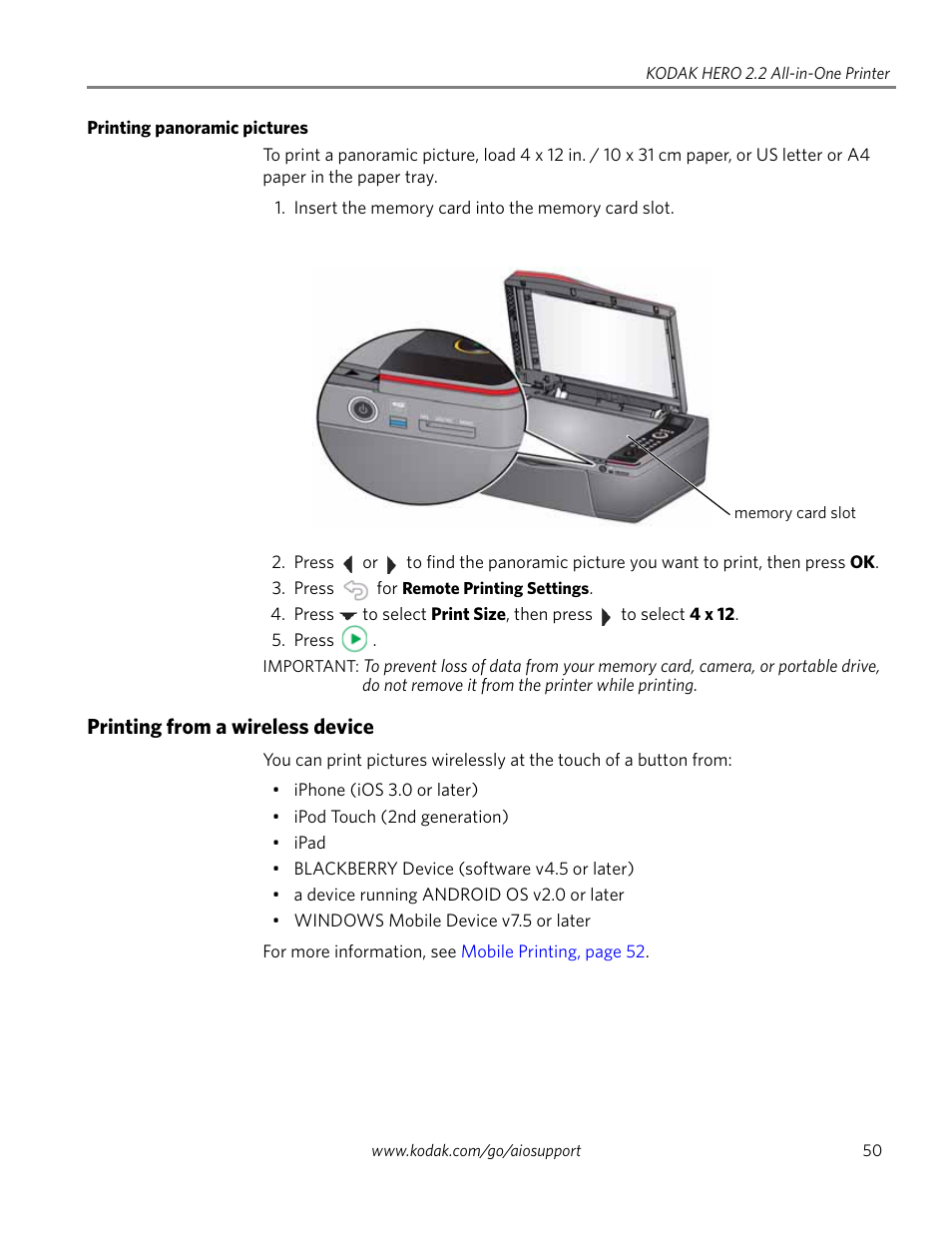 Printing panoramic pictures, Printing from a wireless device | Kodak 2.2 User Manual | Page 57 / 127