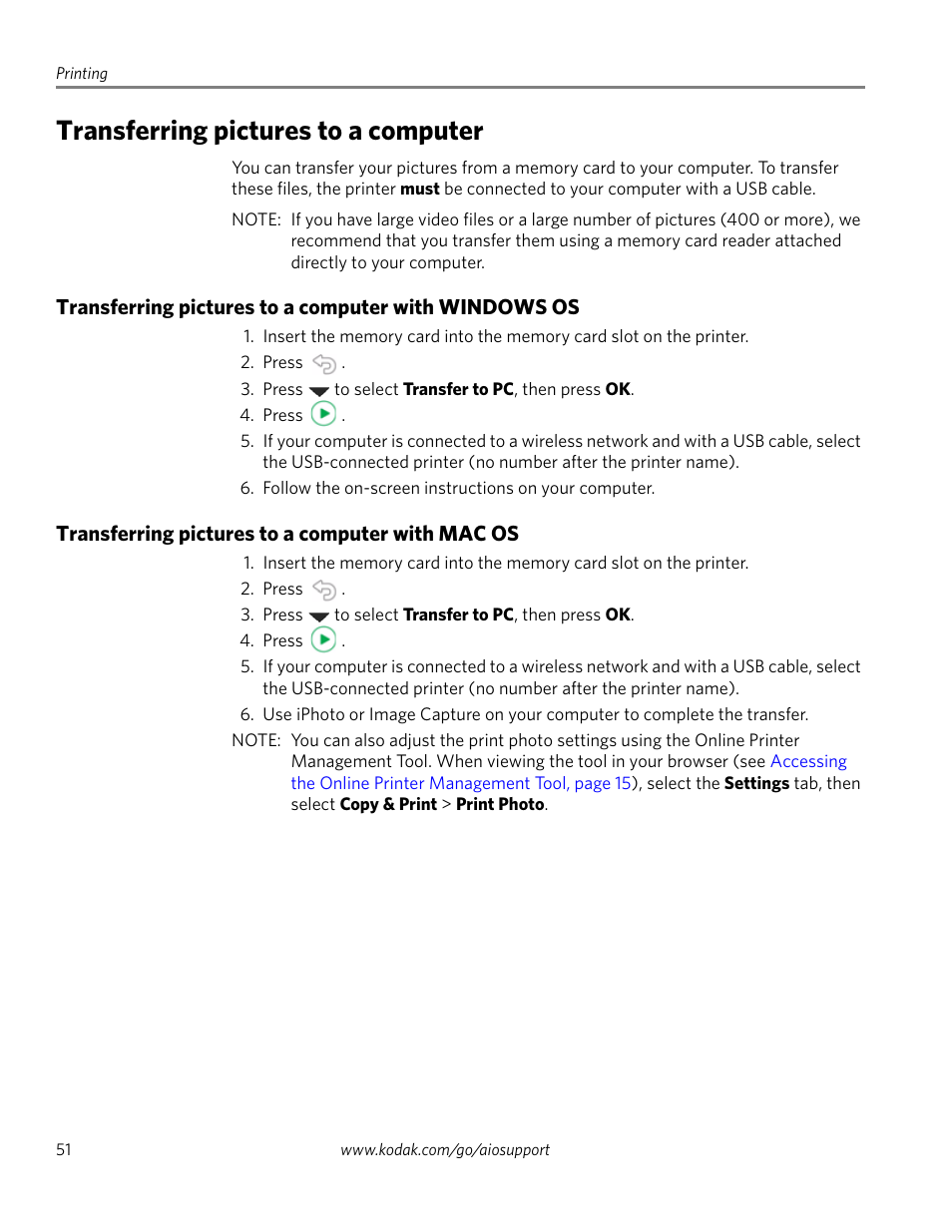 Transferring pictures to a computer, Transferring pictures to a computer with mac os | Kodak 2.2 User Manual | Page 58 / 127