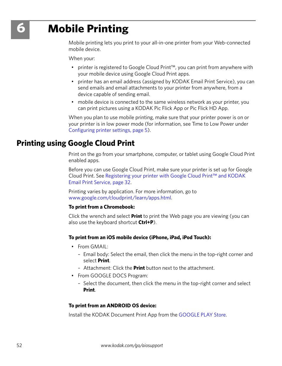 Mobile printing, Printing using google cloud print, 6 mobile printing | Ion about printing, see | Kodak 2.2 User Manual | Page 59 / 127