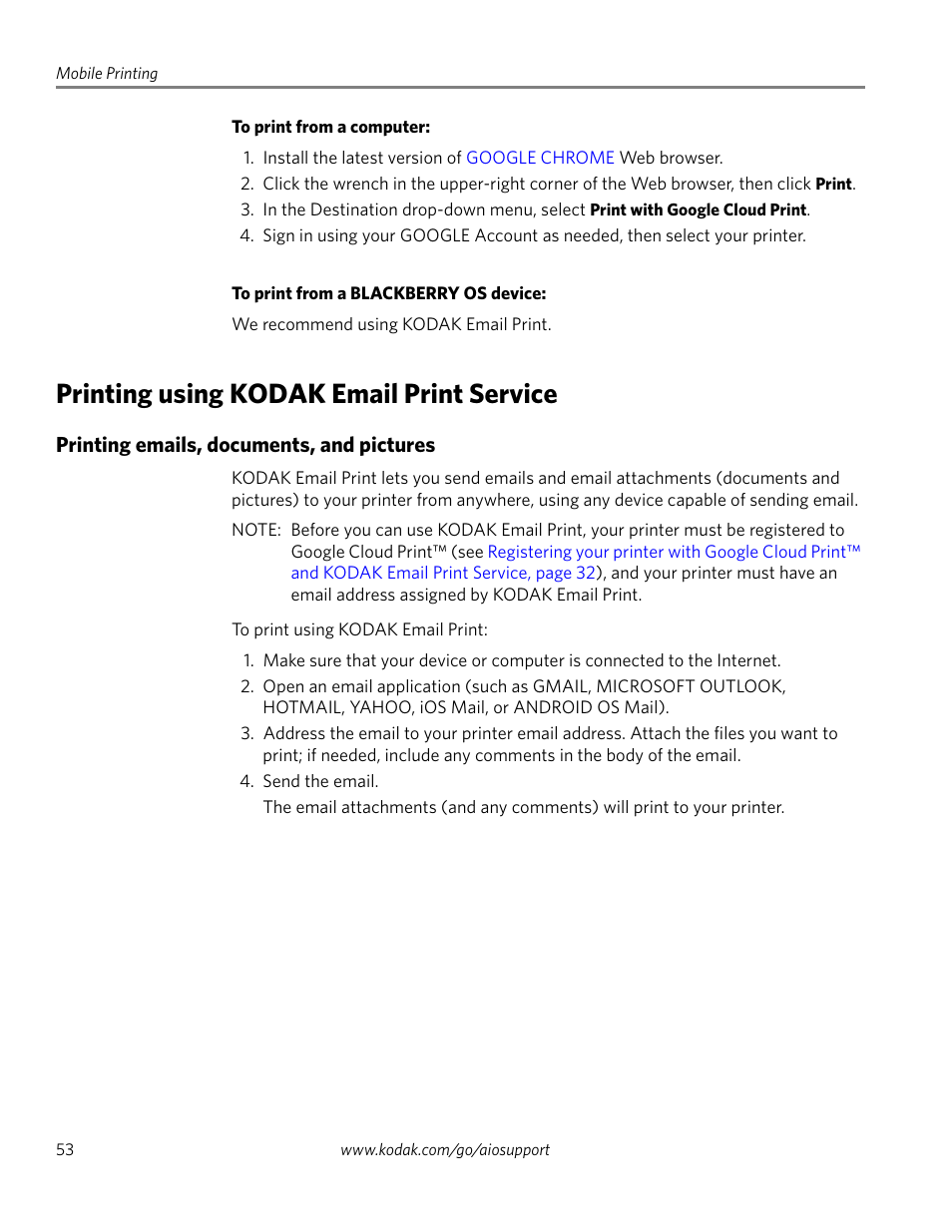 Printing using kodak email print service, Printing emails, documents, and pictures | Kodak 2.2 User Manual | Page 60 / 127